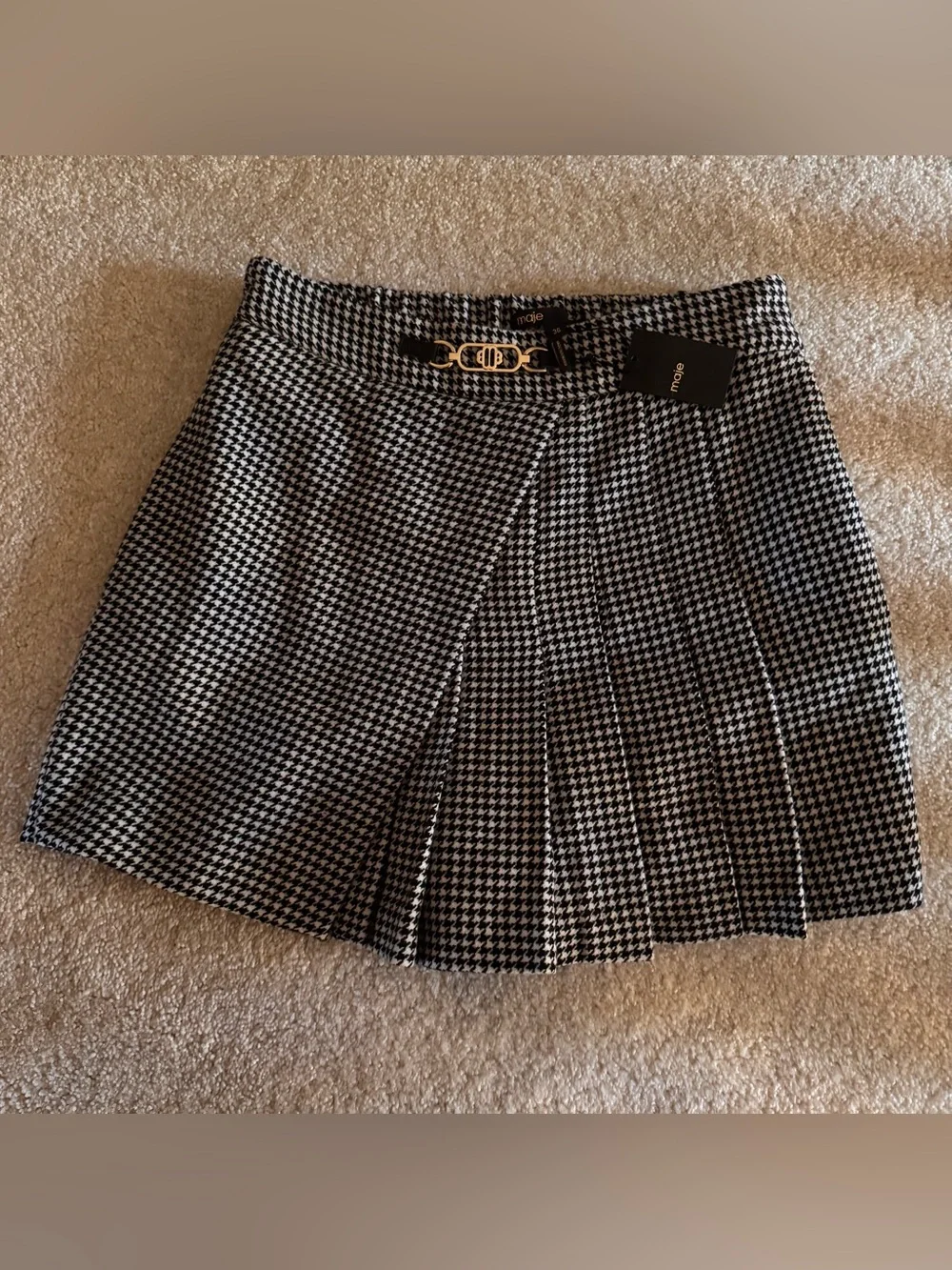 Maje Black and White Houndstooth Pleated Skort with Chain Detail - Picture 6 of 12